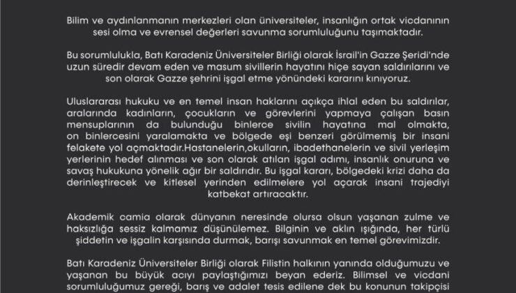 Batı Karadeniz Üniversiteler Birliği’nden Gazze’ye Yönelik Saldırılara Ortak Kınama