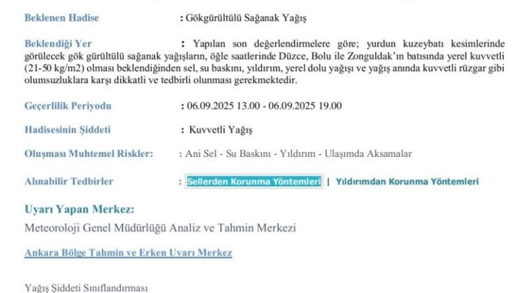 Meteoroloji’den Düzce, Bolu ve Zonguldak için kuvvetli yağış uyarısı