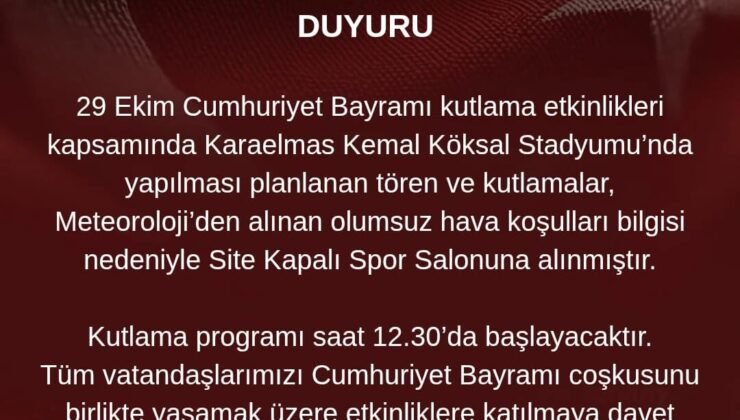 Zonguldak’ta 29 Ekim kutlamaları olumsuz hava nedeniyle salona alındı