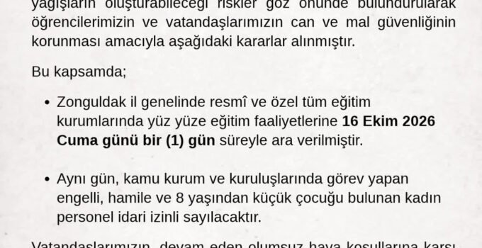 Zonguldak’ta kuvvetli yağış nedeniyle eğitime bir gün ara verildi