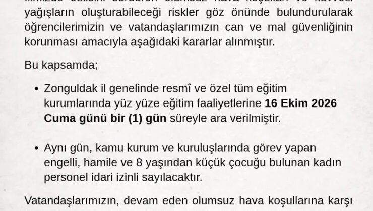 Zonguldak’ta kuvvetli yağış nedeniyle eğitime bir gün ara verildi