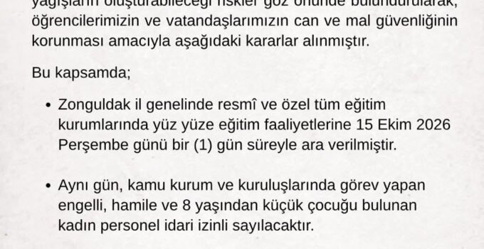Kuvvetli yağış uyarısının ardından Zonguldak’ta okullar tatil edildi