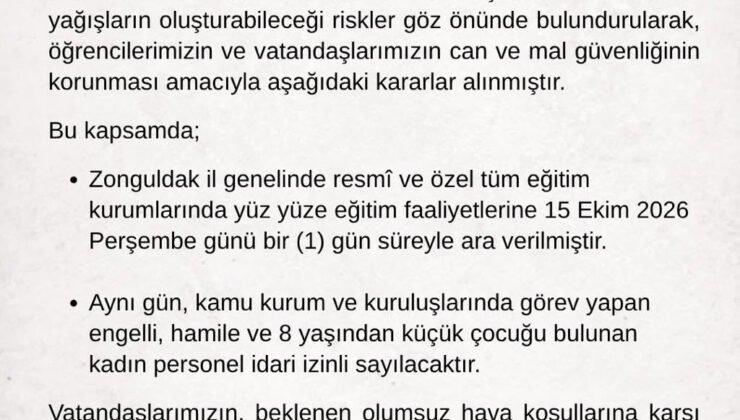 Kuvvetli yağış uyarısının ardından Zonguldak’ta okullar tatil edildi